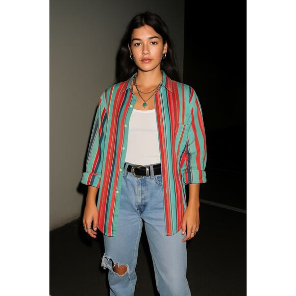 Vintage Ralph Lauren Women’s LRL Cotton Striped Button Down Shirt Large Teal - Picture 2 of 11